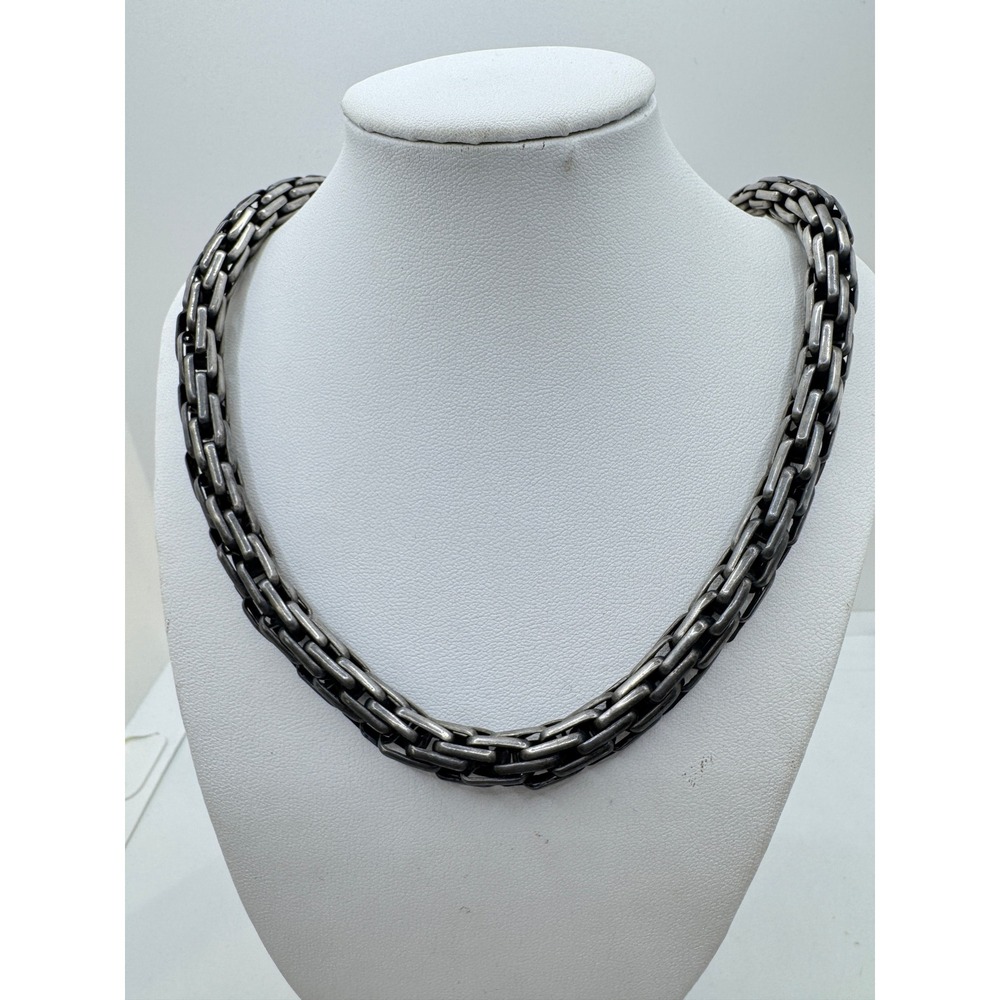 Heavy Metal Silver Tone Woven Basketweave Chain Necklace Turquoise S-Hook Clasp